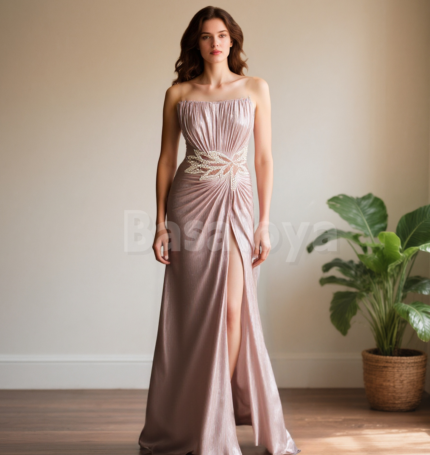 ED0070 Luxury Beaded Pink Strapless Evening Dress Party Gown with Slit