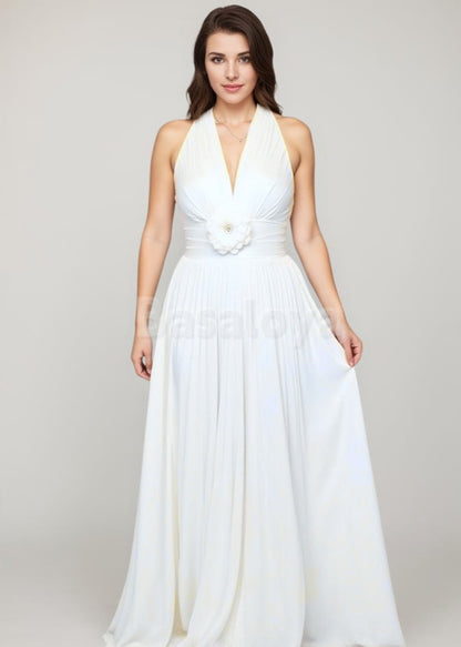 ED0071 Elegant White 3D Pearls Floral Halter A-Line Chiffon Evening Gown
