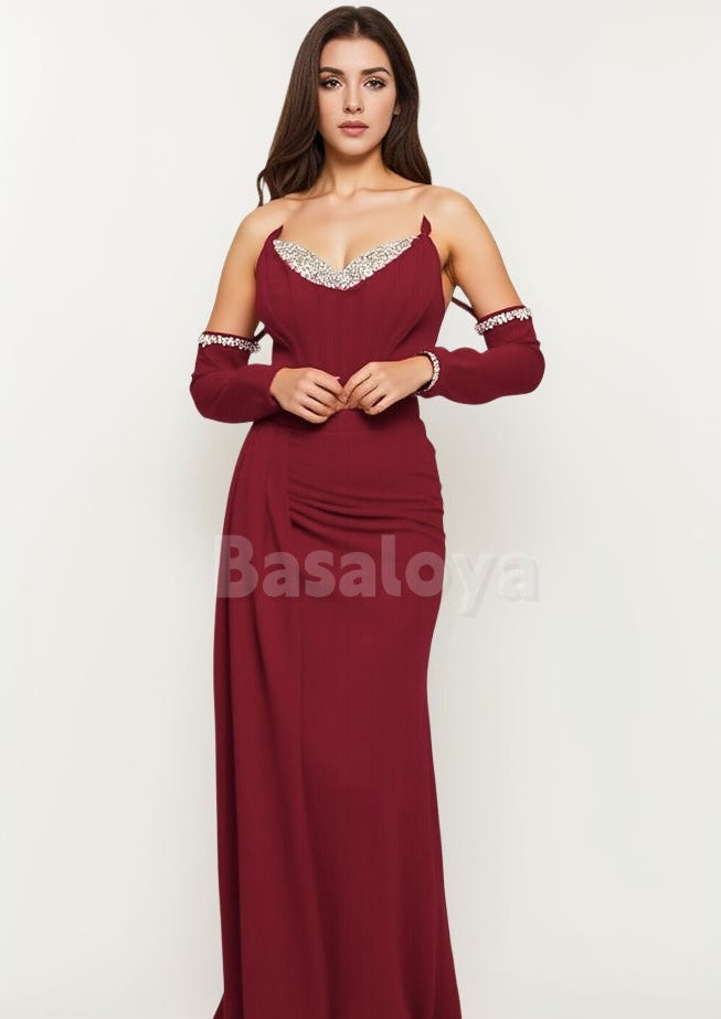 ED0072 Luxury Crystal Burgundy Half Sleeves Evening Dress with Train