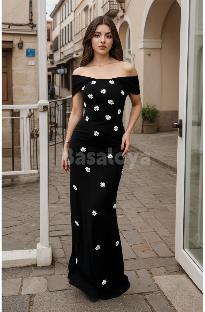 ED0073 Elegant Crystal Black Off-Shoulder Straight Evening Party Gown