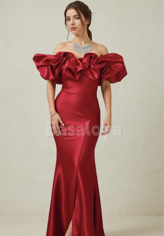ED0076 Graceful Red Off-Shoulder Mermaid Satin Evening Dress Party Gown