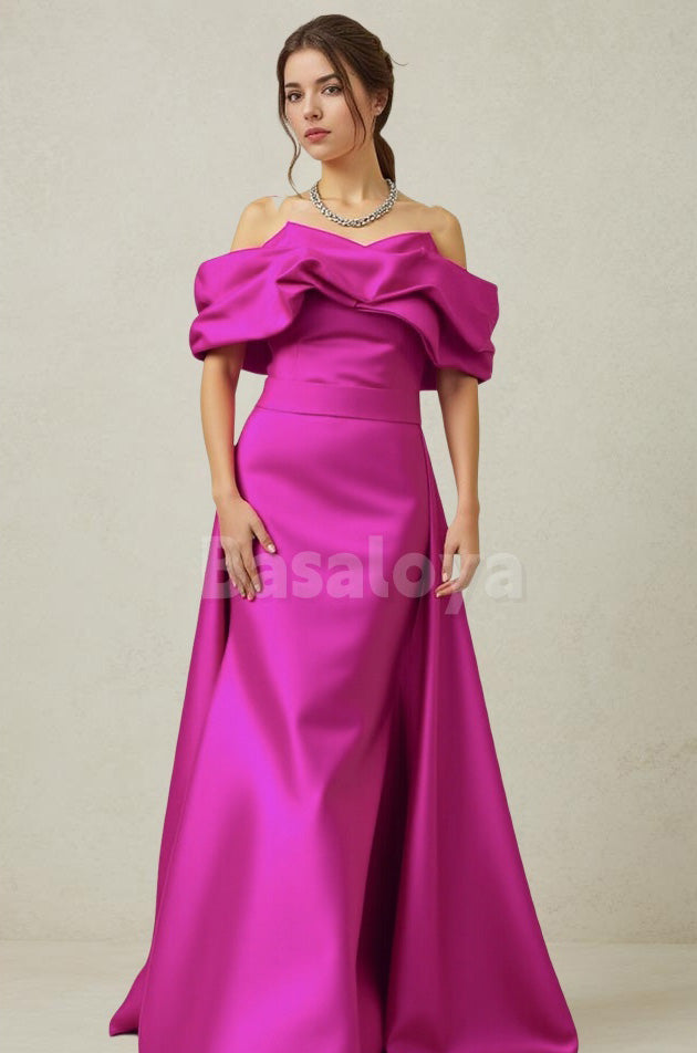 ED0077 Elegant Fuchsia Off-Shoulder Satin Evening Dress with Overskirt