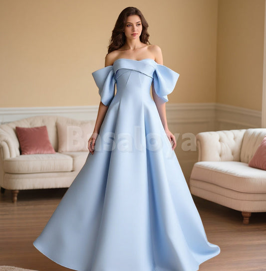 ED0078 Simple Sky Blue Sweetheart A-Line Evening Gown with Bow Party Gown