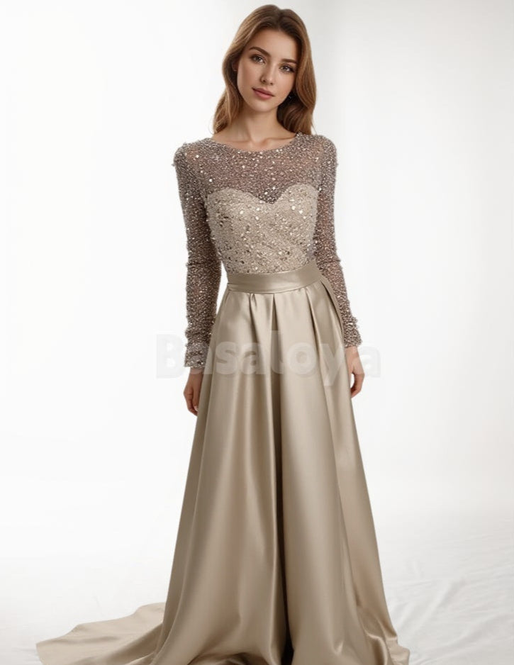 ED0082 Classic Long Sleeves Scoop Neck A-Line Evening Gown with Sequin