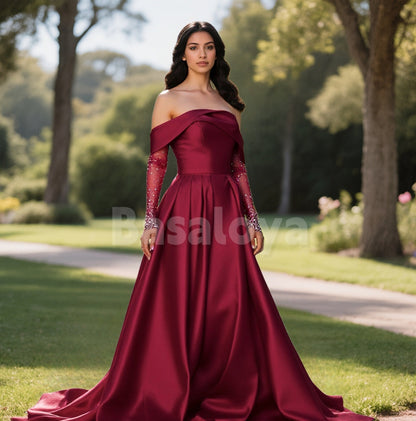 ED0091 Elegant Beaded Burgundy Off Shoulder A-Line Evening Gown with Bow