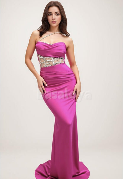 ED0096 Luxury Beaded Fuchsia Sweetheart Mermaid Pleats Evening Gown