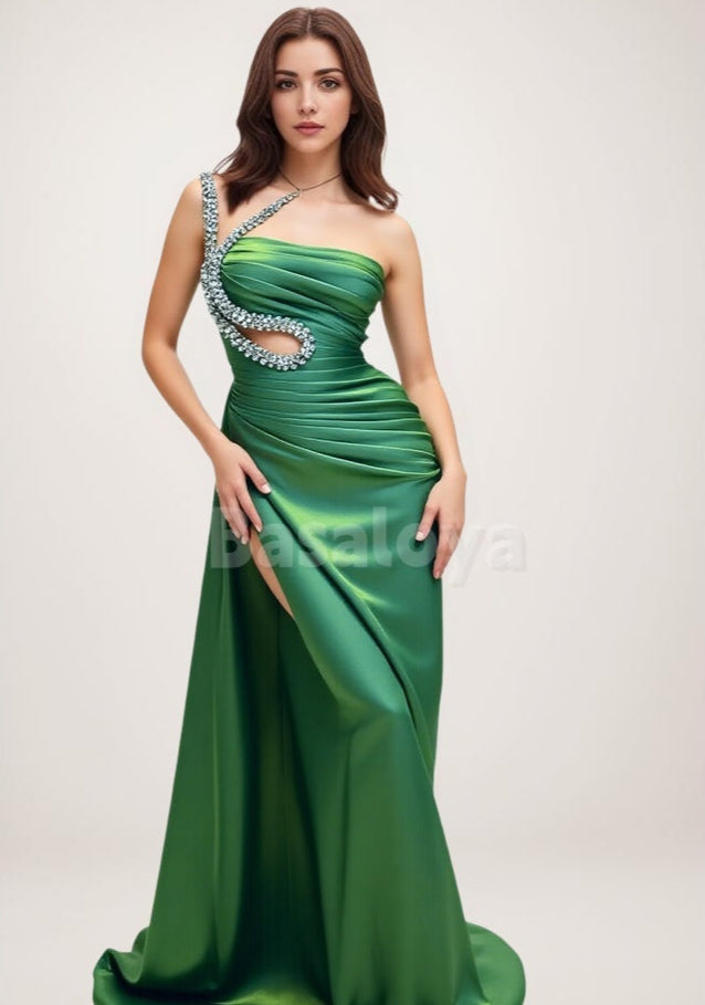 ED0098 Elegant Crystal Asymmetrical Neck Sheath Pleats Evening Gown with Slit