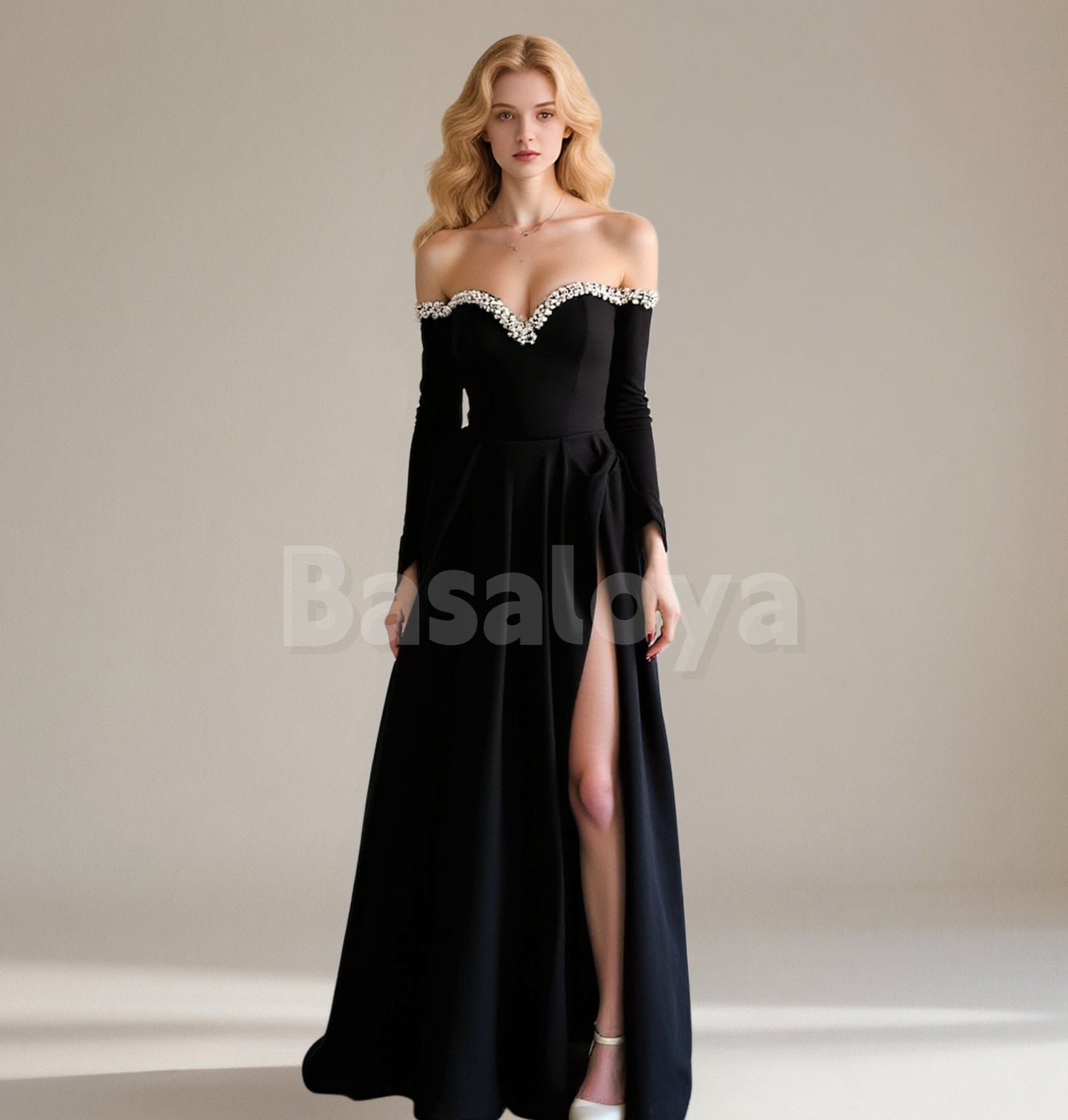 ED0099 Elegant Pearls Black Long Sleeves A-Line Pleated Evening Gown with Slit