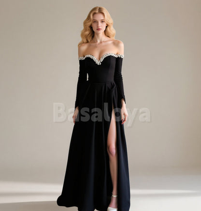 ED0099 Elegant Pearls Black Long Sleeves A-Line Pleated Evening Gown with Slit
