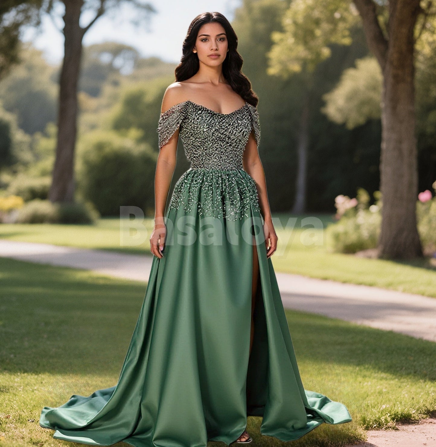 ED0100 Luxury Green Off-Shoulder A-Line Side Slit Evening Dress with Beaded