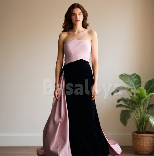 ED0102 Elegant Pink&Black Strapless Sheath Pleated Evening Dress with Train