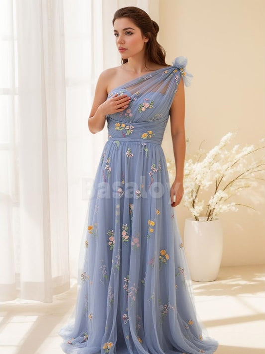 ED0119 Elegant Blue Printed Flower A-Line One Shoulder Evening Gowns