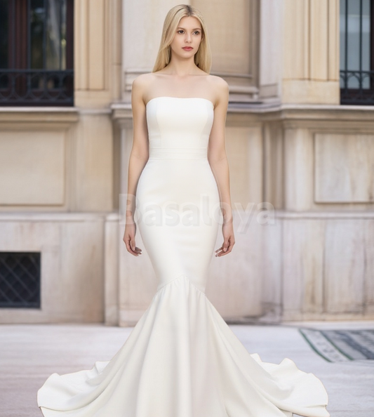 WD0054 Graceful White Strapless Mermaid Satin Wedding Dress with Train