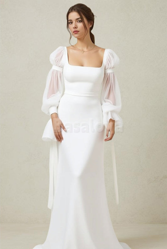 WD0055 Elegant Long Puff Sleeves Mermaid Long Wedding Dress Bridal Gown