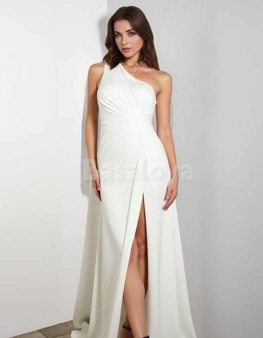 WD0056 Classic White One Shoulder Sheath Draped Bridal Gown with Slit
