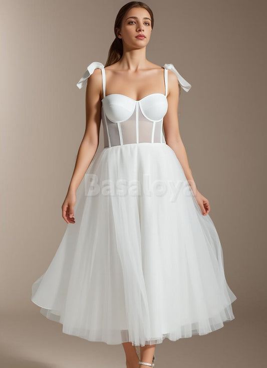 WD0057 Elegant White Sweetheart A-Line Pleats Midi Wedding Dress with Bows