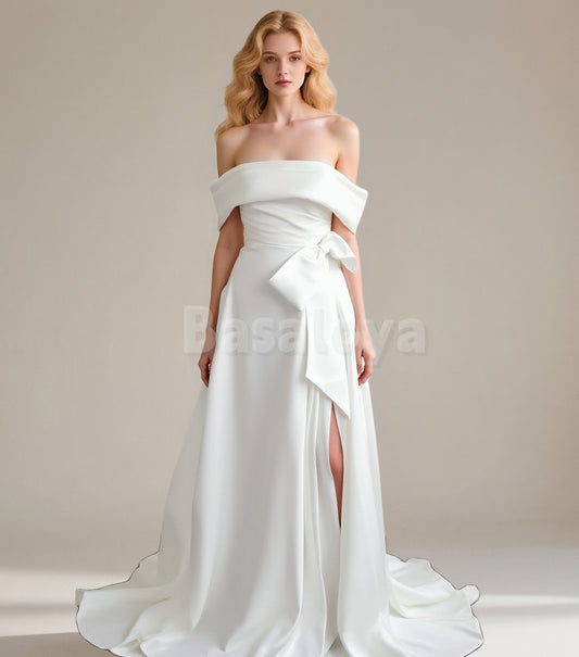 WD0058 Graceful Off-Shoulder A-Line High Slit Satin Wedding Dress with Bow