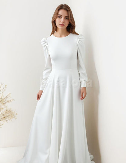 WD0061 Elegant White Long Sleeves A-Line Satin Wedding Dress with Train