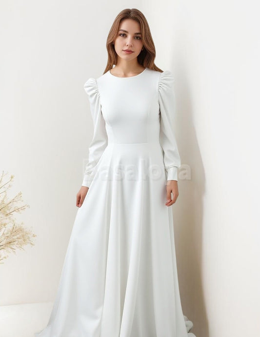 WD0061 Elegant White Long Sleeves A-Line Satin Wedding Dress with Train