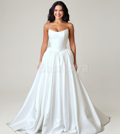 WD0064 Elegant White Strapless A-Line Pleats Satin Bridal Wedding Dress