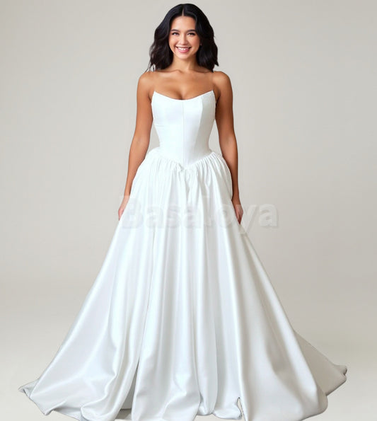 WD0064 Elegant White Strapless A-Line Pleats Satin Bridal Wedding Dress