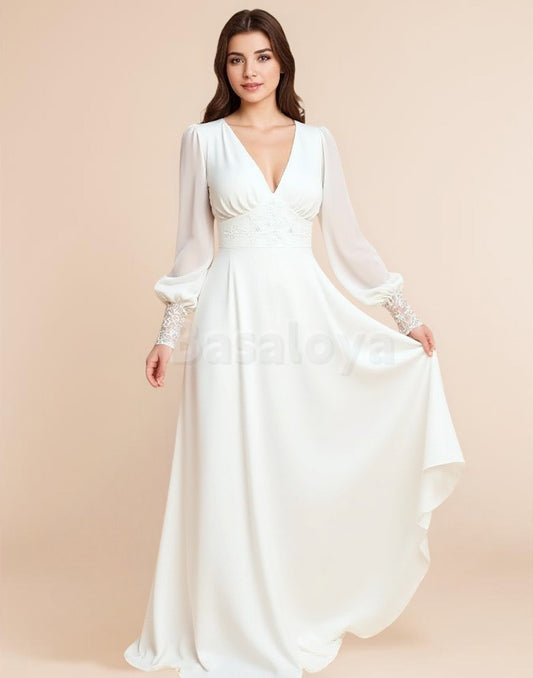 WD0066 Graceful Long Sleeves A-Line V-Neck Wedding Dress with Appliques