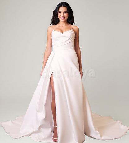 WD0067 Elegant White Sweetheart A-Line Side Slit Wedding Dress with Train