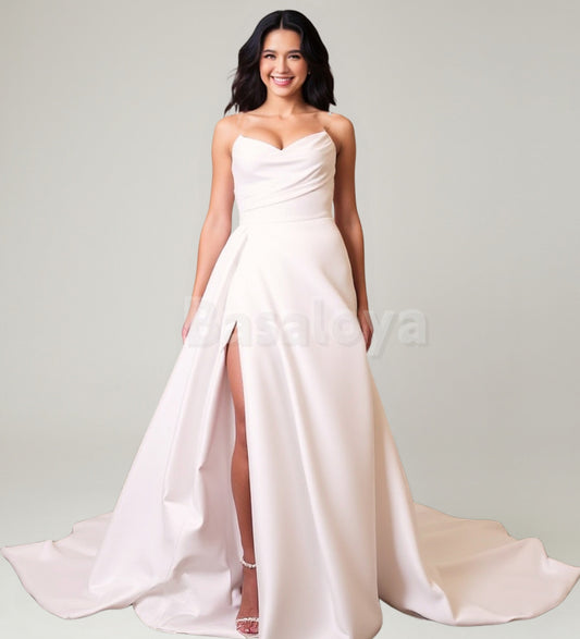 WD0067 Elegant White Sweetheart A-Line Side Slit Wedding Dress with Train
