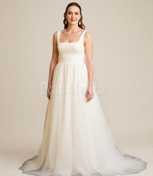 WD0071 Elegant White Square Neck A-Line Pleats Wedding Dress Bridal Gown