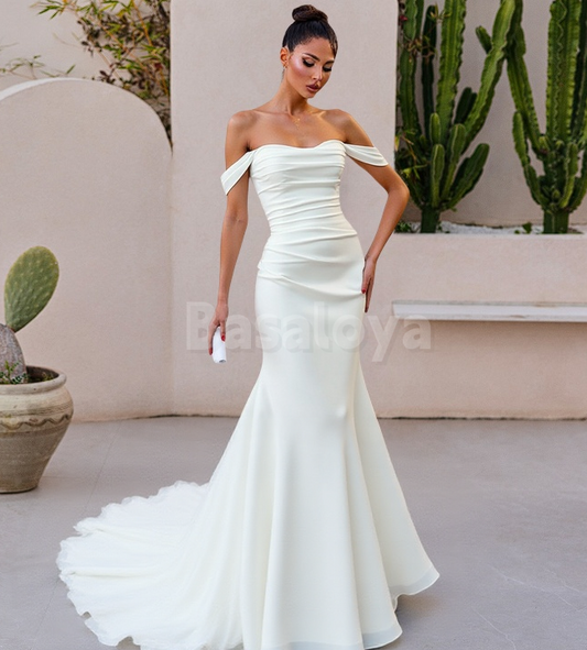WD0074 Romantic White Off-Shoulder Mermaid Pleats Wedding Gown with Train