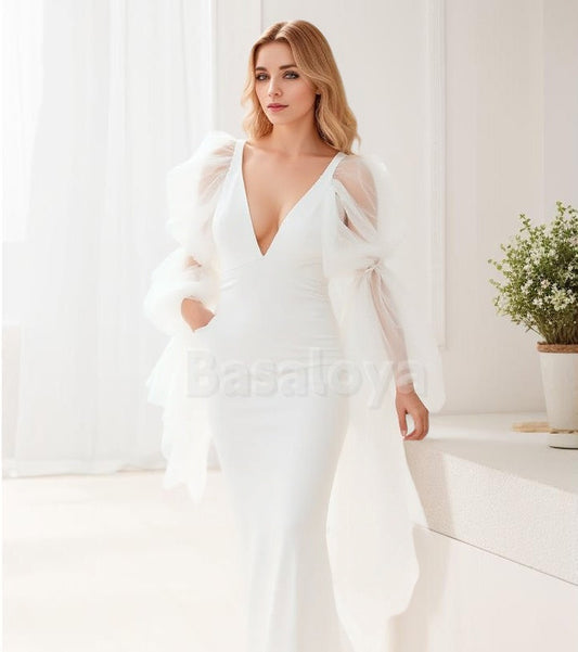 WD0076 Luxury White V-Neck Long Sleeves Bodycon Wedding Gown with Bow