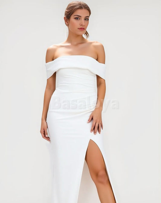 WD0078 Classic White Off-Shoulder Sheath Side Slit Wedding Dress with Train