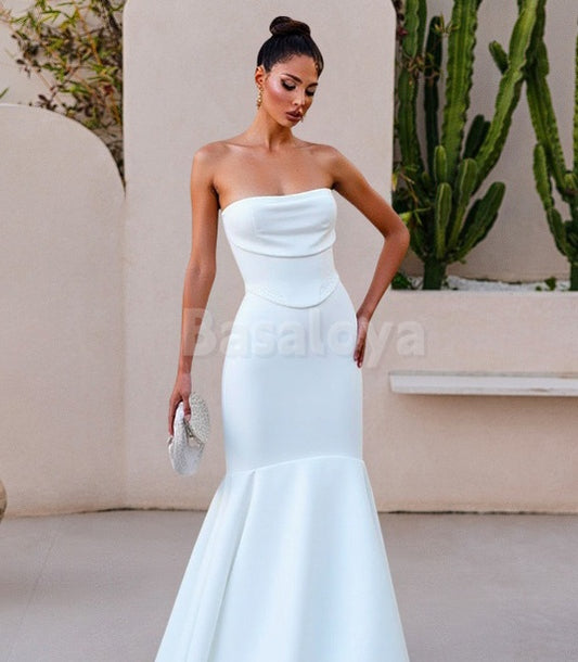 WD0079 Glamorous White Strapless Mermaid Long Wedding Dress with Train