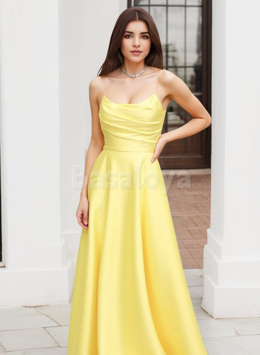 SP0169 Simple Yellow Strapless A-Line Pleated Long Prom Dress Formal Gown