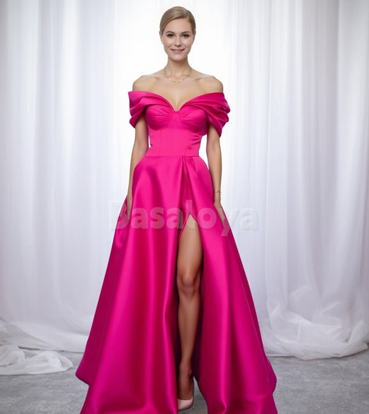 SP0202 Classic Fuchsia Off Shoulder A-Line Satin Prom Party Dress with Slit