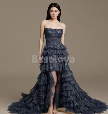 SP0212 Sparkly Black Strapless A-Line Tiered Glitter Evening Prom Dress