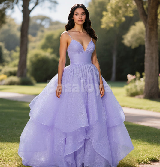SP0220 Elegant Lilac Spaghetti Straps A-Line Tiered Glitter Party Prom Dress