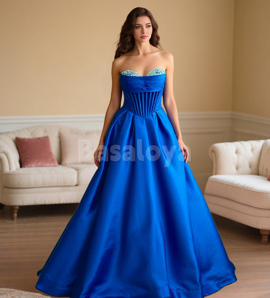 SP0221 Elegant Royal Blue A-Line Sweetheart Satin Prom Dress with Beads