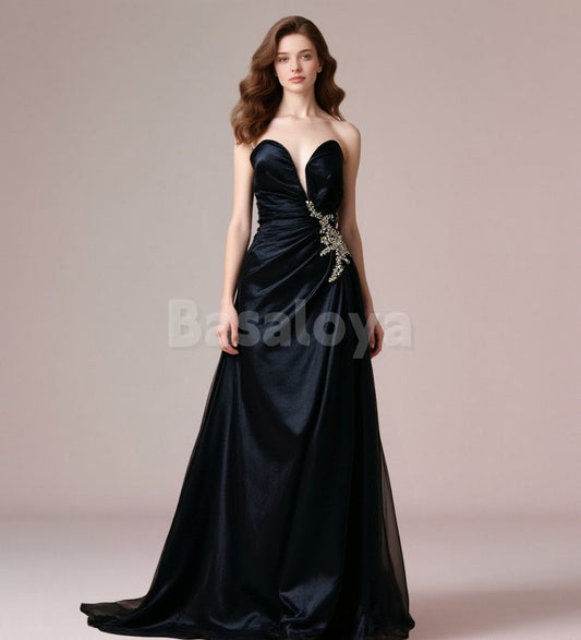 SP0222 Luxury Crystal Black One Shoulder Sheath Pleats Prom Formal Gowns