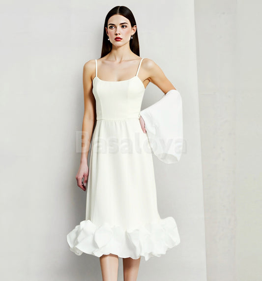 SP0223 Elegant White Spaghetti Straps A-Line Midi Prom Dress with Ruffles