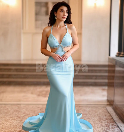 SP0224 Graceful Blue V-Neck Bodycon Long Satin Prom Dress with Crystal