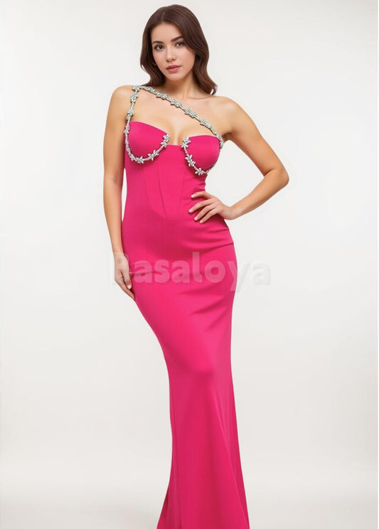 SP0225 Elegant Crystal Fuchsia Asymmetrical Neck Bodycon Prom Dress
