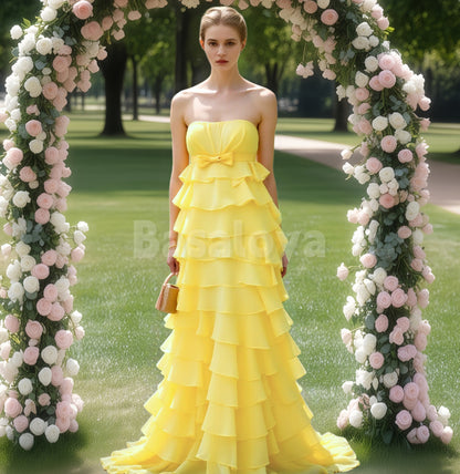 SP0229 Elegant Yellow Strapless A-Line Tiered Prom Dress with Bow