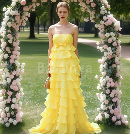 SP0229 Elegant Yellow Strapless A-Line Tiered Prom Dress with Bow
