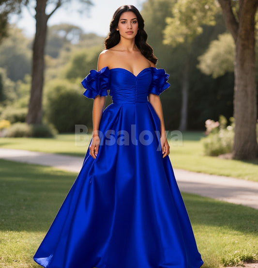 SP0232 Classic Royal Blue Off Shoulder A-Line Ruffles Prom Dress Party Gown
