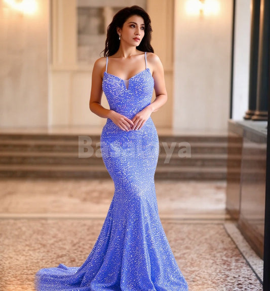 SP0237 Sparkly Spaghetti Straps Mermaid Sequins Evening Prom Dress with Train