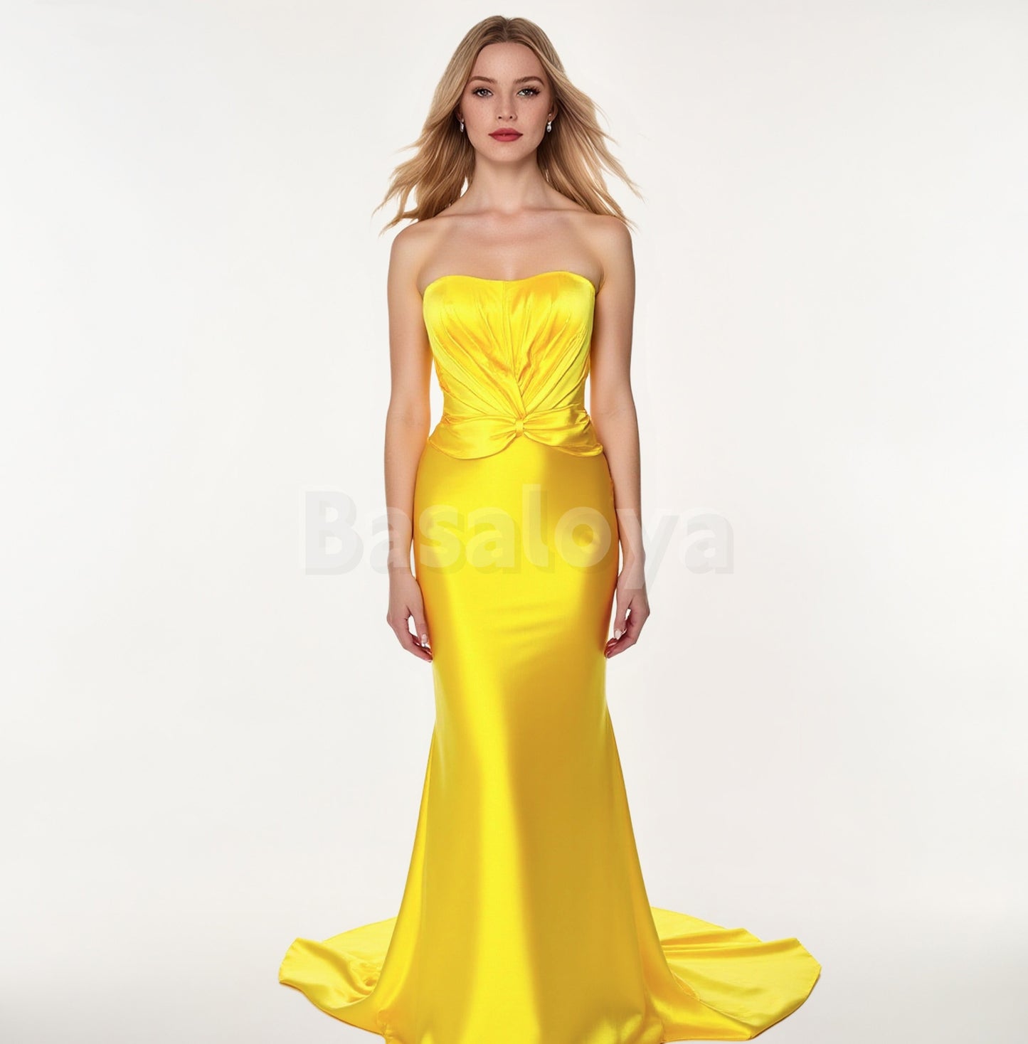 SP0239 Stunning Bow Gold Strapless Sheath Prom Dress Evening Gown with Train