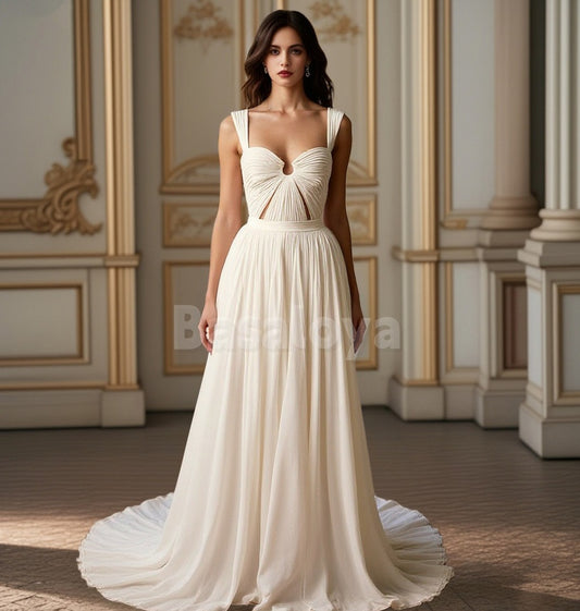 WD0082 Classic White A-Line Side Slit Pleats Wedding Dress with Train