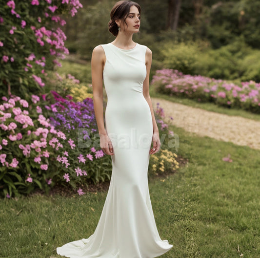 WD0083 Graceful White Scoop Neck Mermaid Long Bridal Gown Wedding Dress