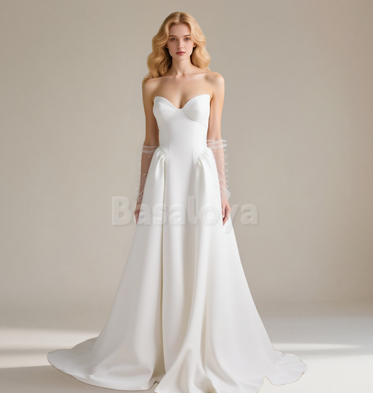 WD0086 Luxury White Sweetheart A-Line Wedding Dress with Pearl Gloves